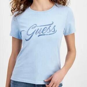 GUESS Women's Short Sleeve Crew Neck Stones & Embro Tee, Rhinestone
